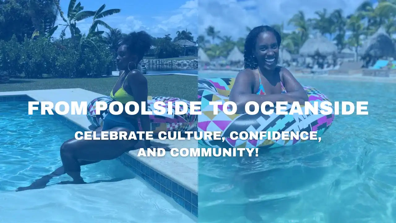 Two women enjoying water activities, one by a pool and one in the ocean.