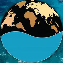 Earth globe with brown continents and blue oceans.